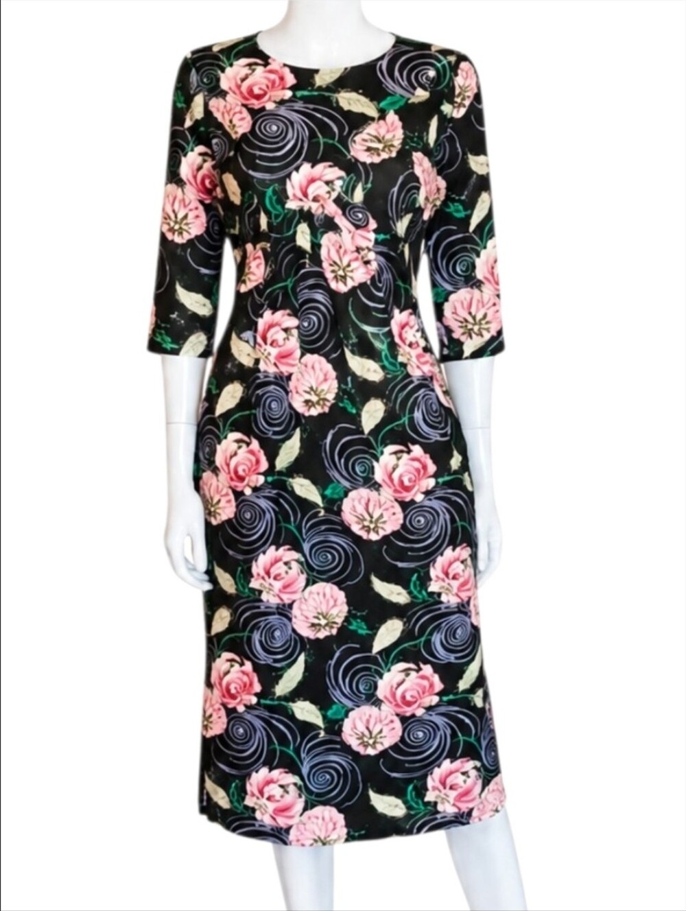 SUNO | NWT Black Pink Floral Swirl Midi Sheath Dress 6 $895 Mod Retro
